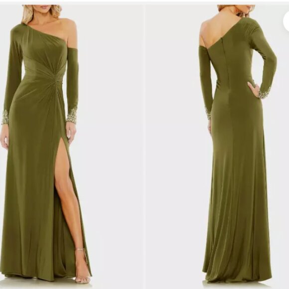 MAC DUGGAL 55696 ONE SLEEVE BEADED CUFF SIDE TWIST THIGH SLIT OLIVE GOWN sz 8 - Picture 1 of 5